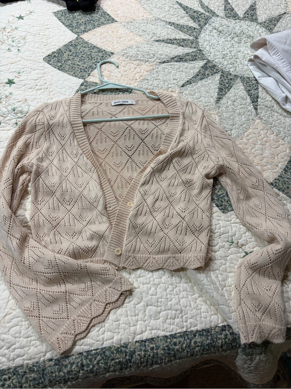 Grace Karin Light Beige Openwork V‑Neck Cropped Cardigan